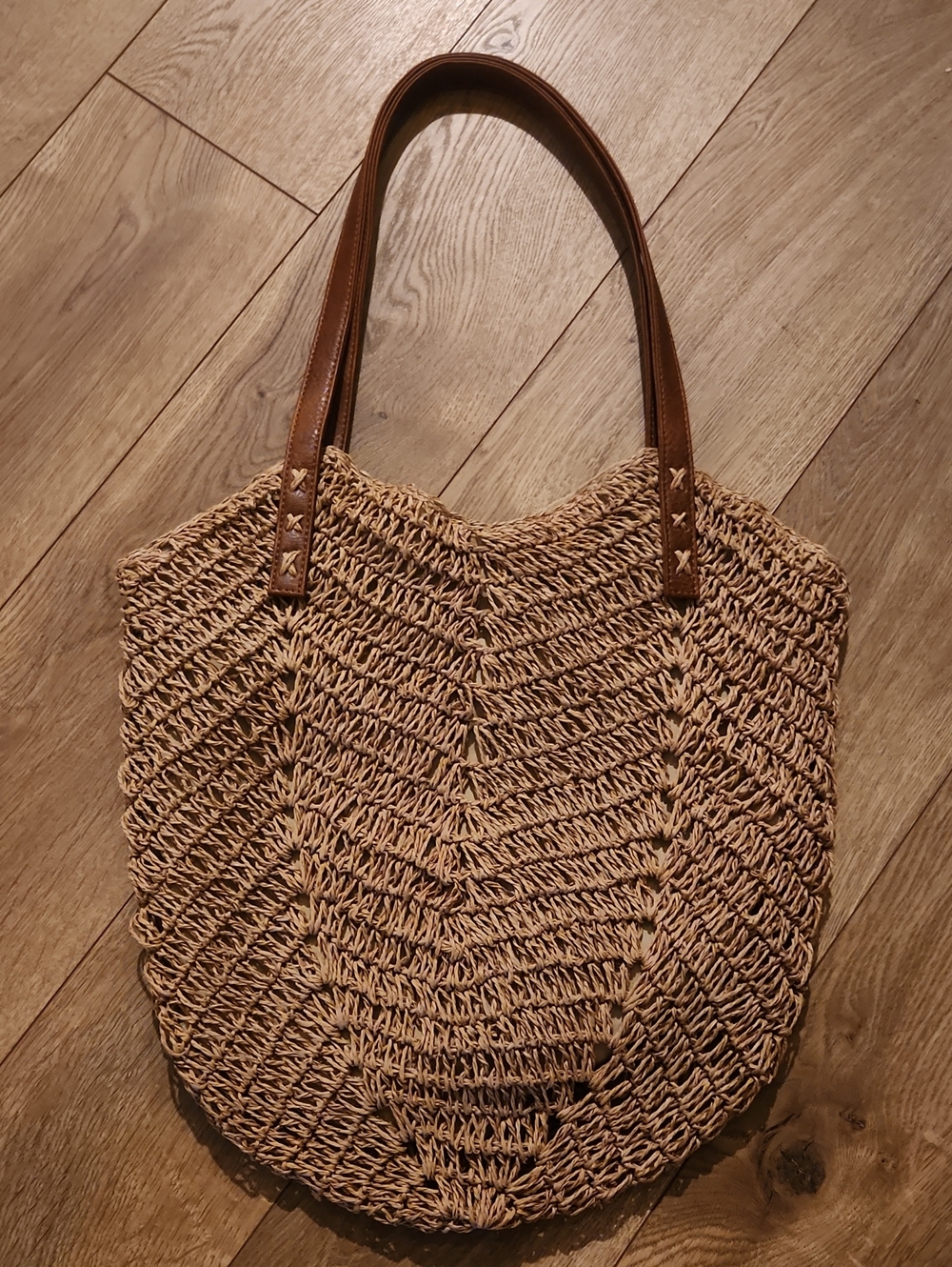 NWOT Natural Woven Tote with Brown Handles